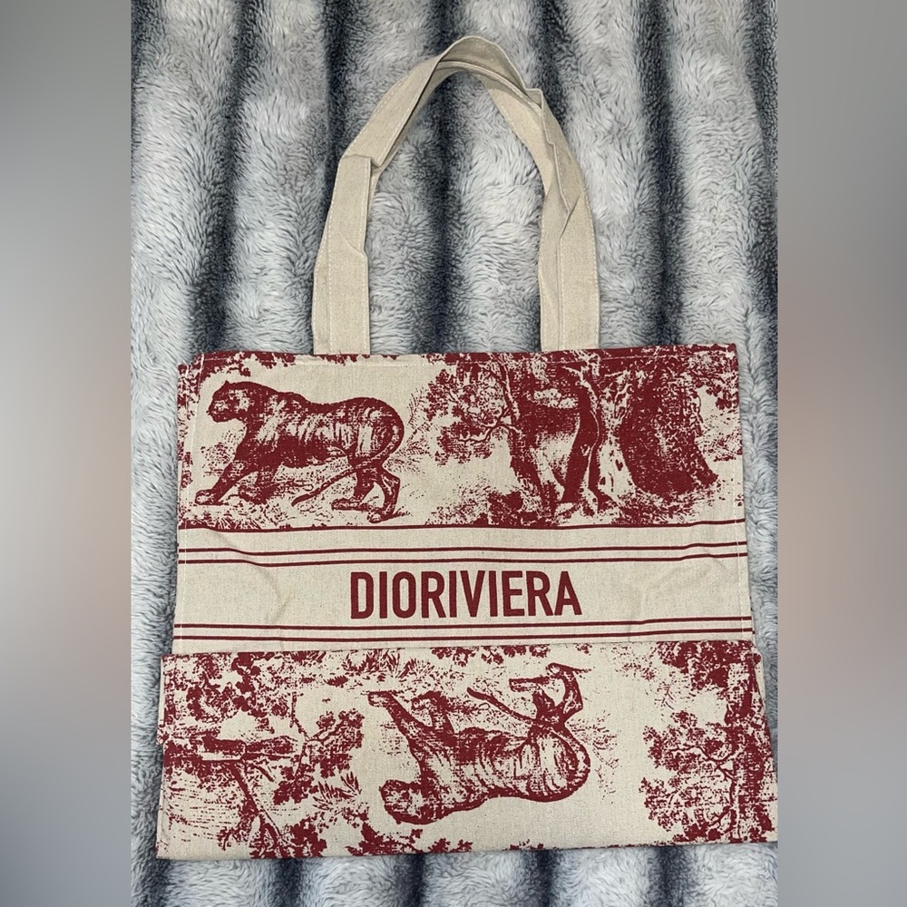 Authentic Christian Dior Red Dioriviera Print Straw Tote